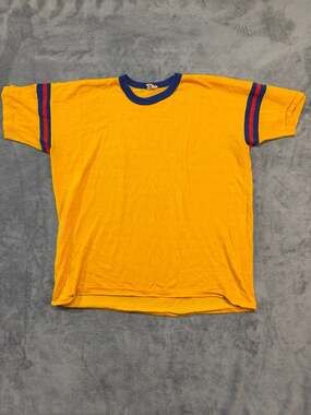 Vintage Mason Athletic Wear Striped Ringer T-Shirt Yellow Blue Size 46 XL